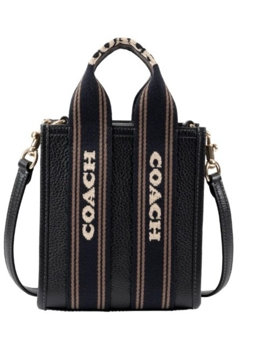 Coach Black Mini Tote with Tan-Striped Web Handles - Picture 2 of 3